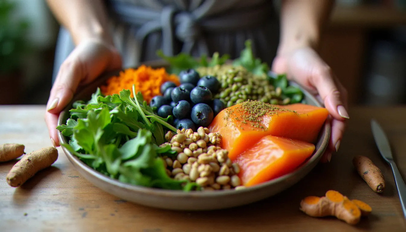 Assiette colorée d'aliments anti-inflammatoires bénéfiques pour l'équilibre hormonal dans la biok santé féminine