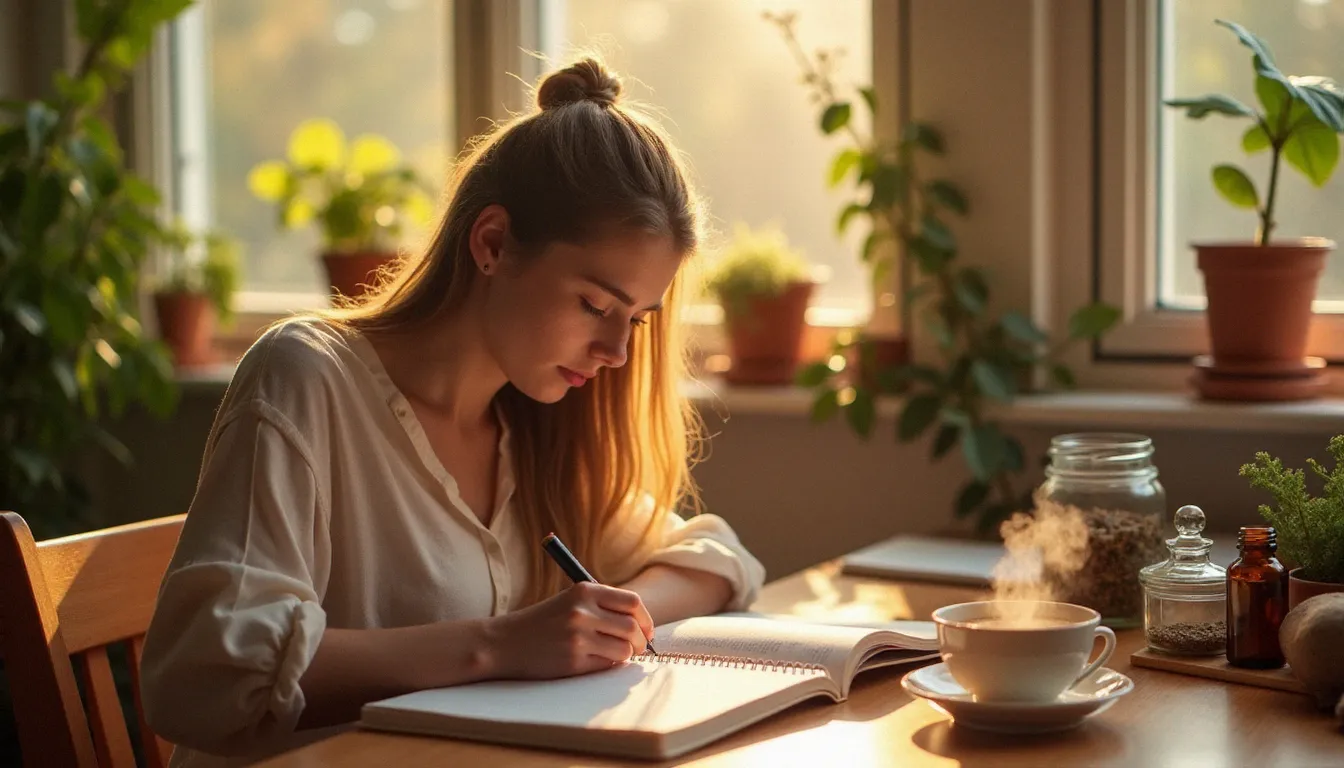Femme suivant son cycle hormonal avec un journal et des compléments alimentaires dans une démarche de biok santé féminine