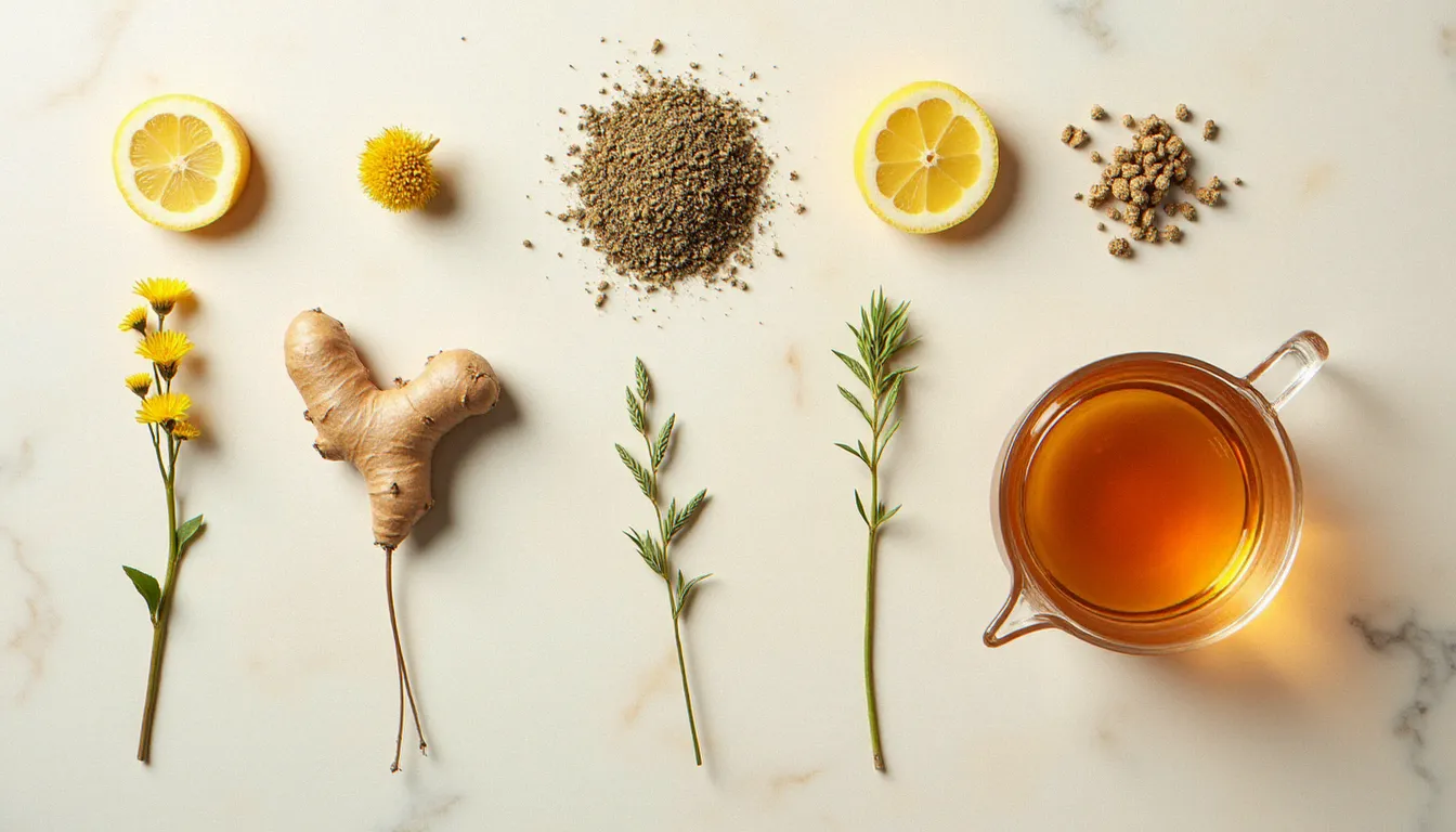 Achillée millefeuille séchée, gingembre frais et théière de tisane, plantes médicinales utilisées pour réguler le cycle menstruel