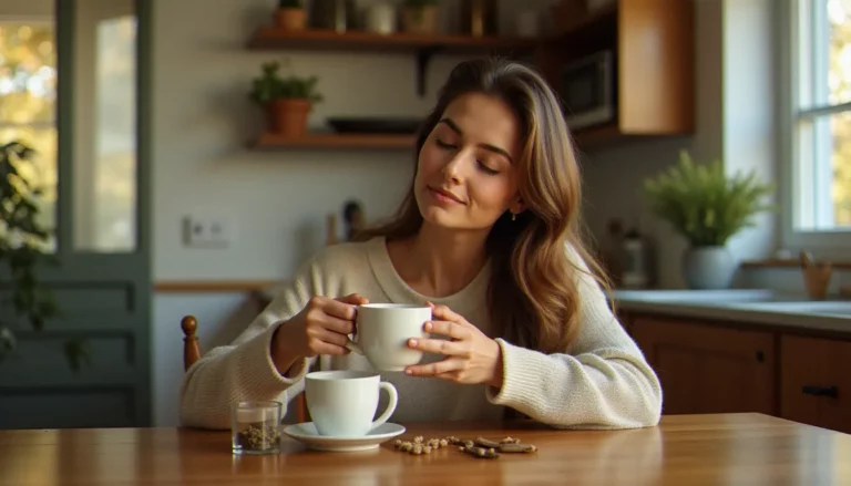 Femme tenant une tasse de tisane aux plantes pour soulager ses règles douloureuses, remède de grand-mère naturel