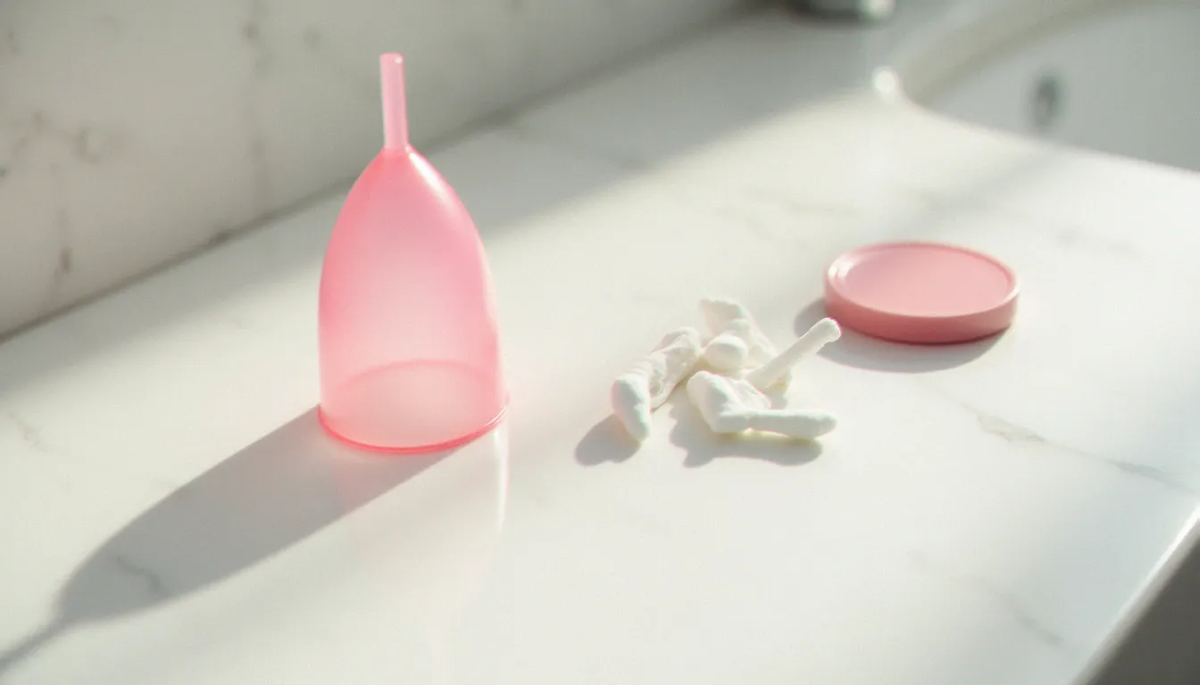 Coupe menstruelle, tampons et disque menstruel disposés sur un plan de salle de bain blanc, les trois protections adaptées pour se baigner avec ses règles