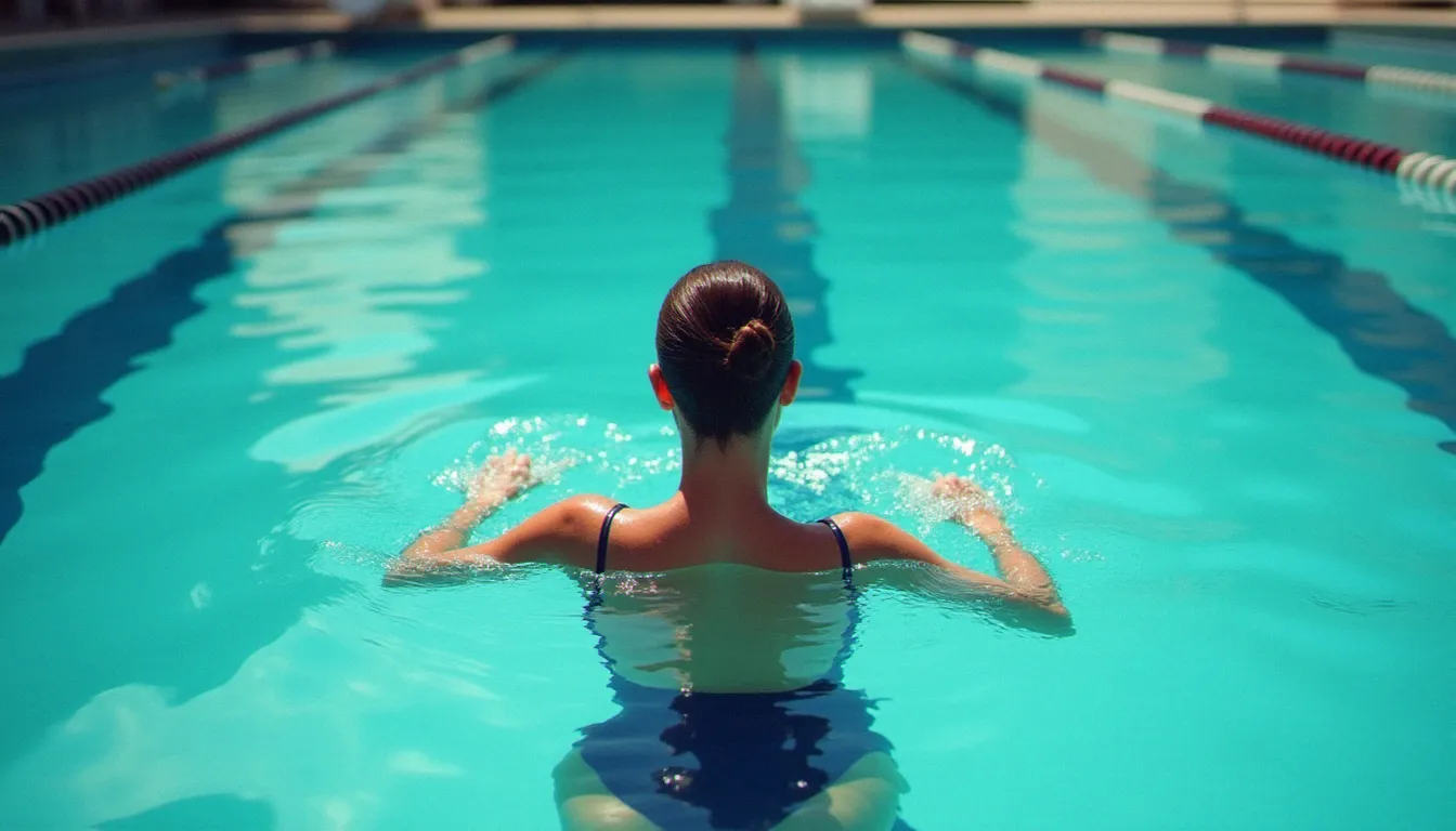 Femme nageant le dos crawlé dans une piscine extérieure aux eaux bleues sous la lumière estivale, illustrant la pratique de la natation pendant ses règles
