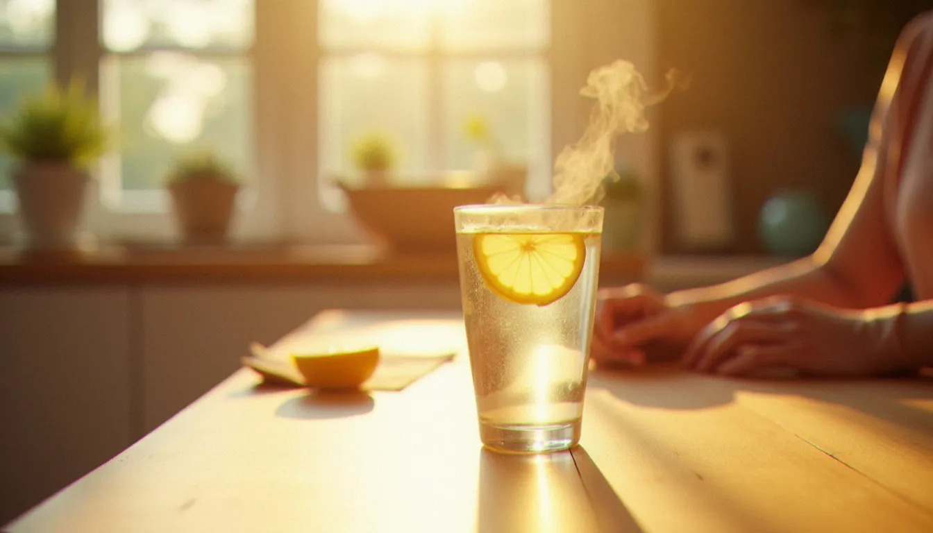 Verre d'eau tiède avec citron posé sur une table en bois au lever du soleil, symbolisant le rituel d'hydratation matinale à l'eau chaude pour soutenir l'équilibre hormonal et l'élimination des œstrogènes