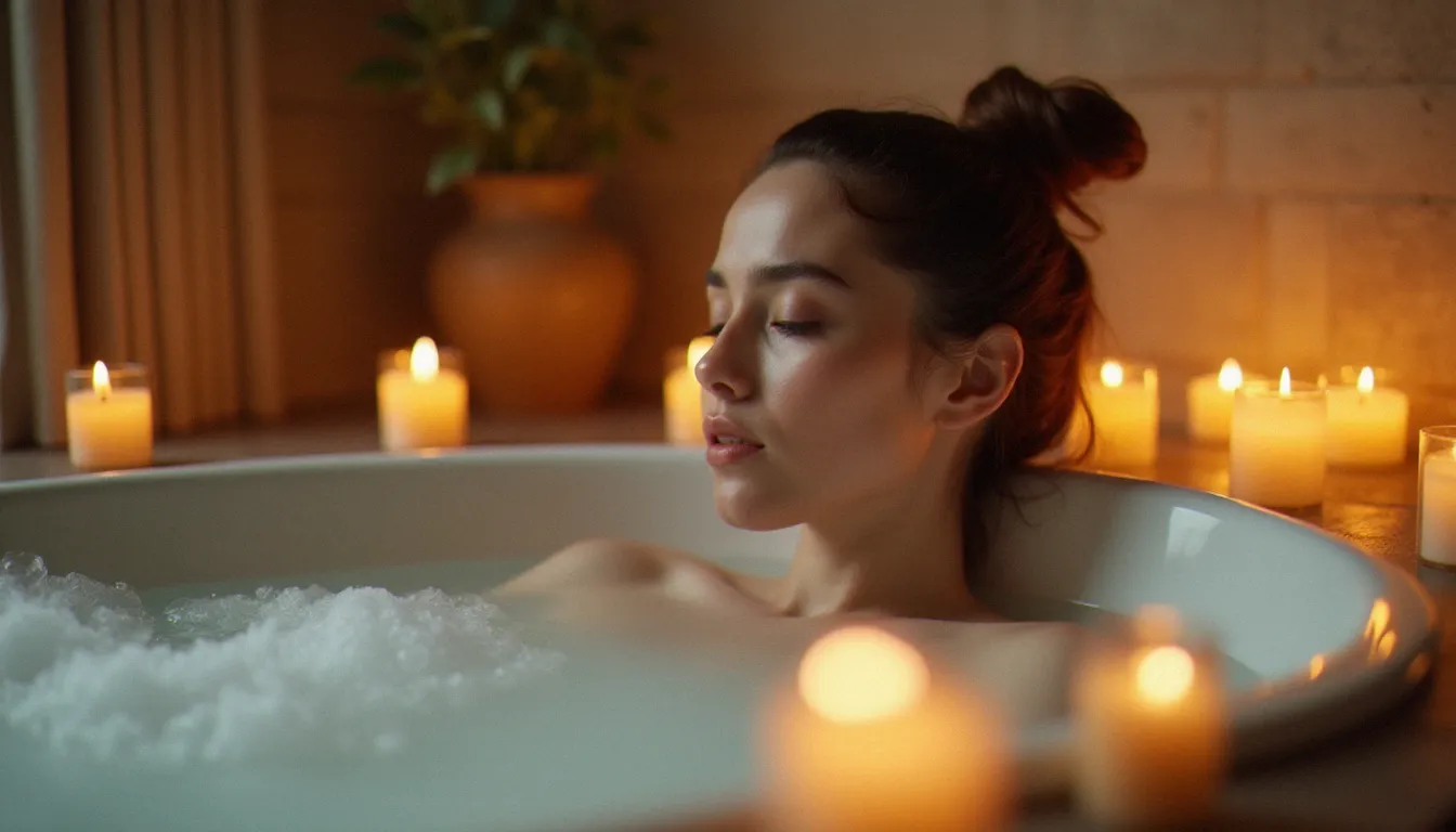 Femme se détendant dans un bain chaud en soirée à la lumière des bougies, un rituel de soin doux pour réduire le cortisol et soutenir la progestérone nocturne pendant la phase lutéale du cycle