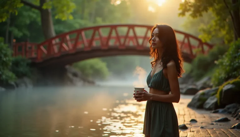 Femme tenant une tasse d'eau tiède près d'une source thermale naturelle avec un pont rouge en fer forgé en arrière-plan, illustrant le rituel de l'eau tiède sous un pont rouge pour l'équilibre hormonal féminin