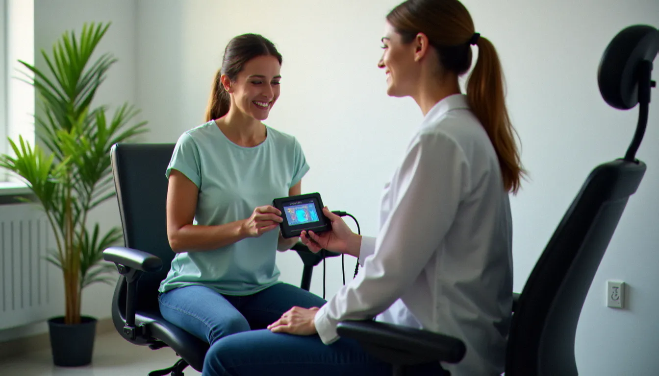 Séance de rééducation du plancher pelvien avec biofeedback dans un cabinet de kinésithérapie spécialisée en santé féminine