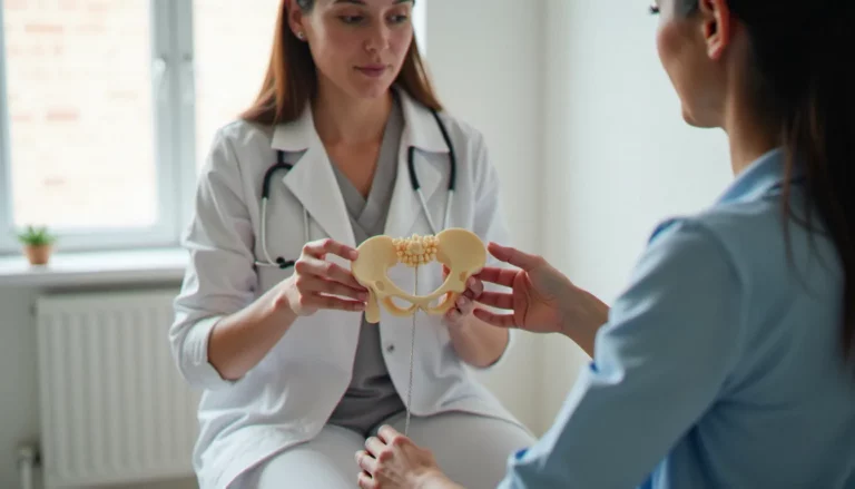 Une kinésithérapeute explique le diaphragme pelvien à une patiente à l'aide d'un modèle anatomique du bassin féminin en consultation