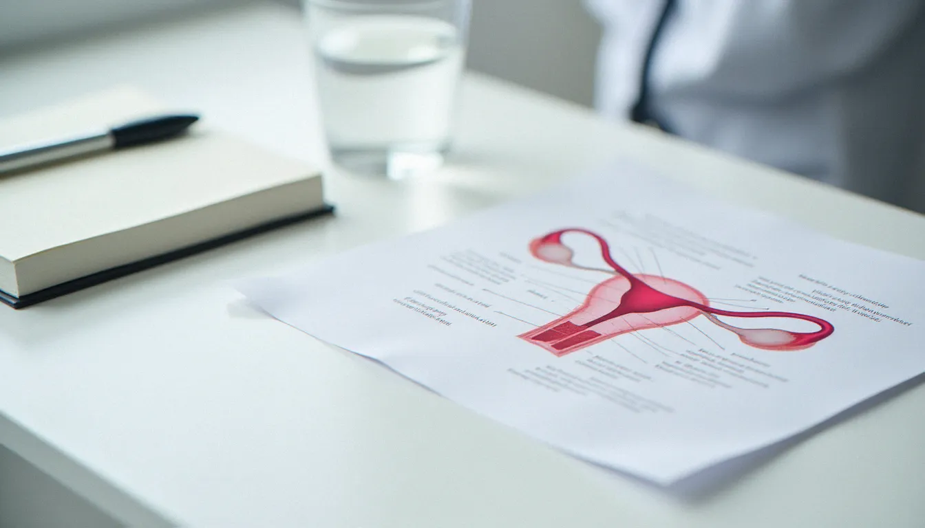 Bureau médical avec illustration de l'anatomie féminine et carnet de notes, représentant les causes hormonales des douleurs à la ménopause