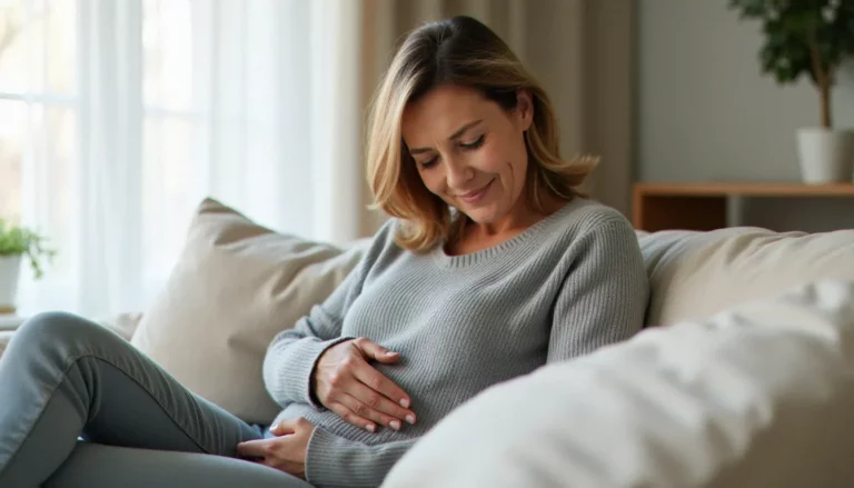 Femme d'une cinquantaine d'années assise sur un canapé, main posée sur le ventre bas, exprimant une douleur abdominale liée à la ménopause