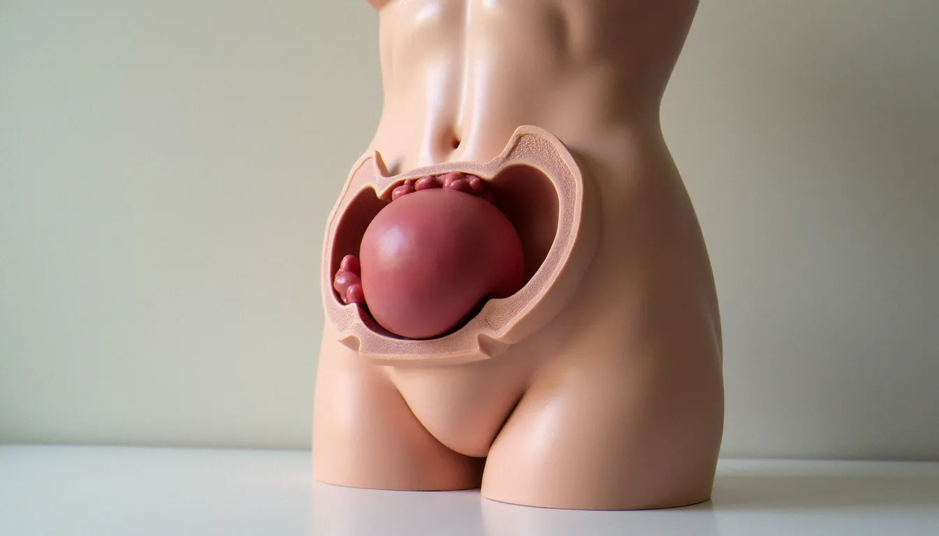 Modèle anatomique du bassin féminin sur fond neutre, illustrant les structures impliquées dans l'éjaculation féminine comme les glandes de Skene