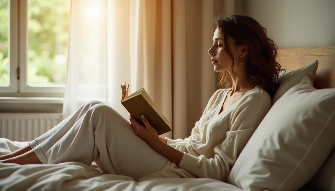 Femme détendue assise sur un lit en pleine lumière naturelle, illustrant le rapport serein à son corps et à la sexualité féminine