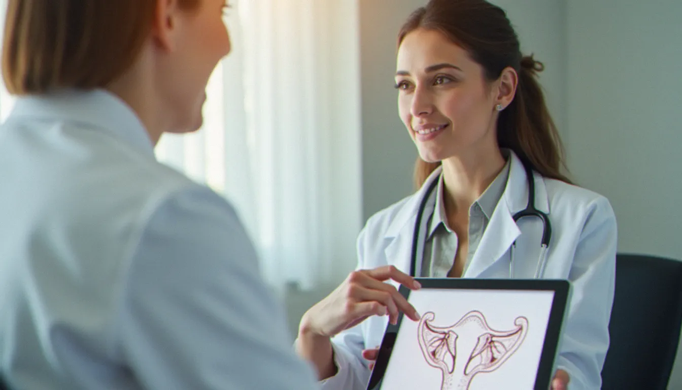 Gynécologue expliquant l'anatomie pelvienne féminine sur une tablette médicale, illustrant les structures liées à l'éjaculation féminine comme les glandes de Skene