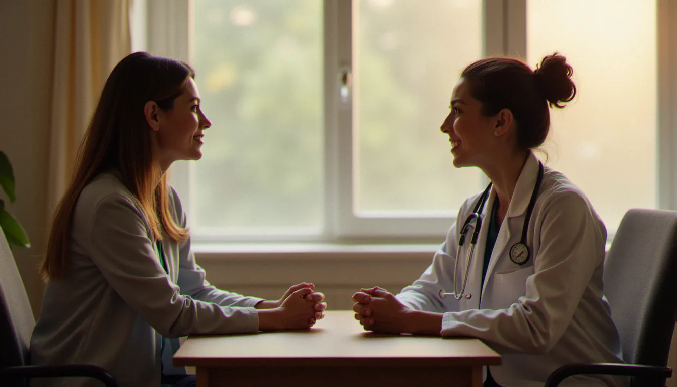 Consultation gynécologique bienveillante entre une patiente et sa gynécologue, dans un cadre de dialogue ouvert sur la santé sexuelle féminine