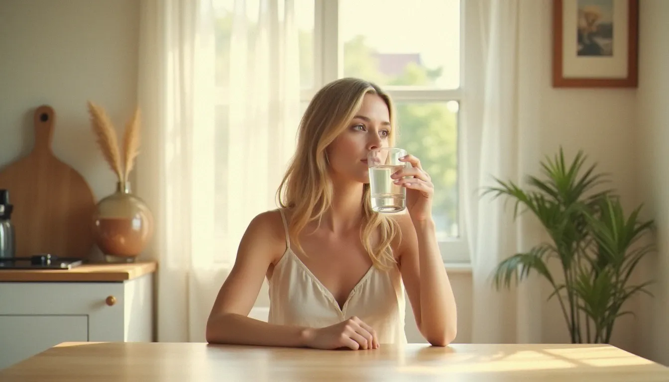 Femme se hydratant dans une cuisine lumineuse en été, geste quotidien fondamental pour la santé intime et les sécrétions vaginales estivales