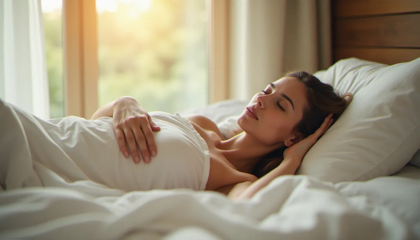 Femme détendue dans une chambre lumineuse en été près d'une fenêtre ouverte, illustrant le bien-être intime et l'équilibre hormonal féminin en saison chaude