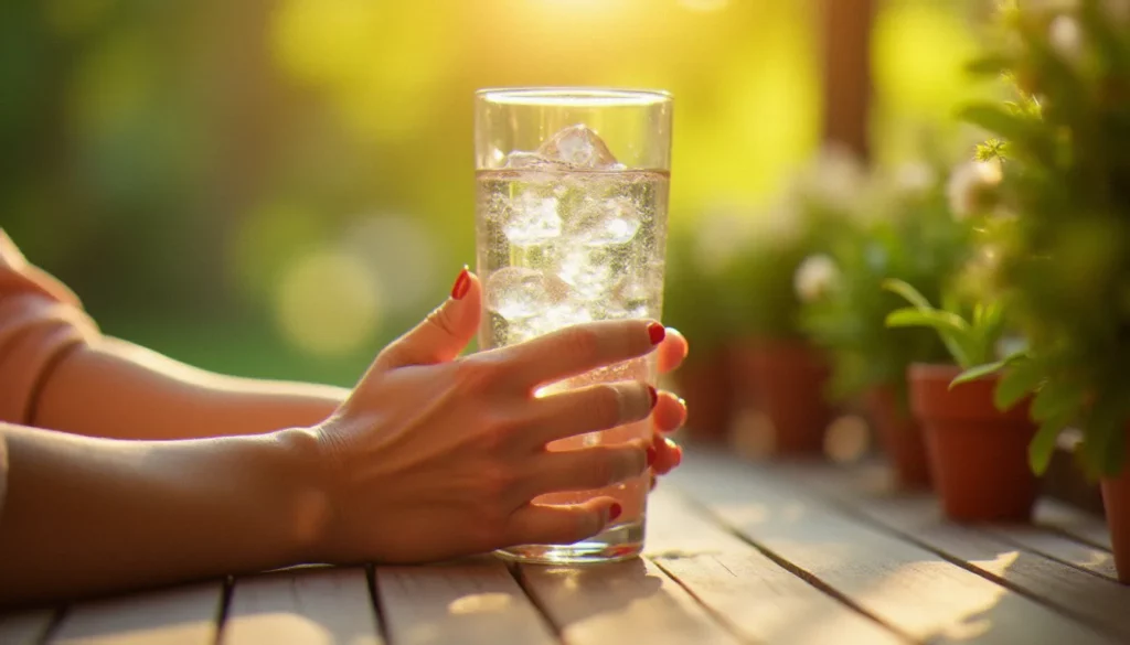 Mains féminines tenant un verre d'eau fraîche en terrasse estivale, illustrant l'importance de l'hydratation pour l'éjaculation féminine en été