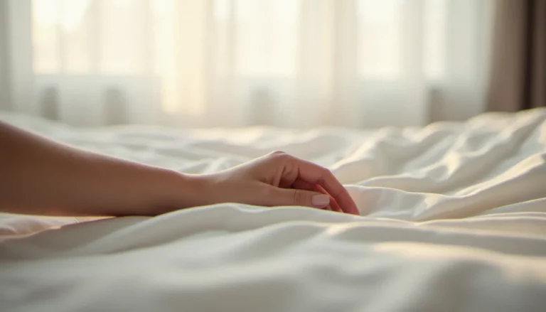 Main féminine posée sur un drap blanc dans une lumière douce, illustrant la santé sexuelle féminine et l'éjaculation féminine