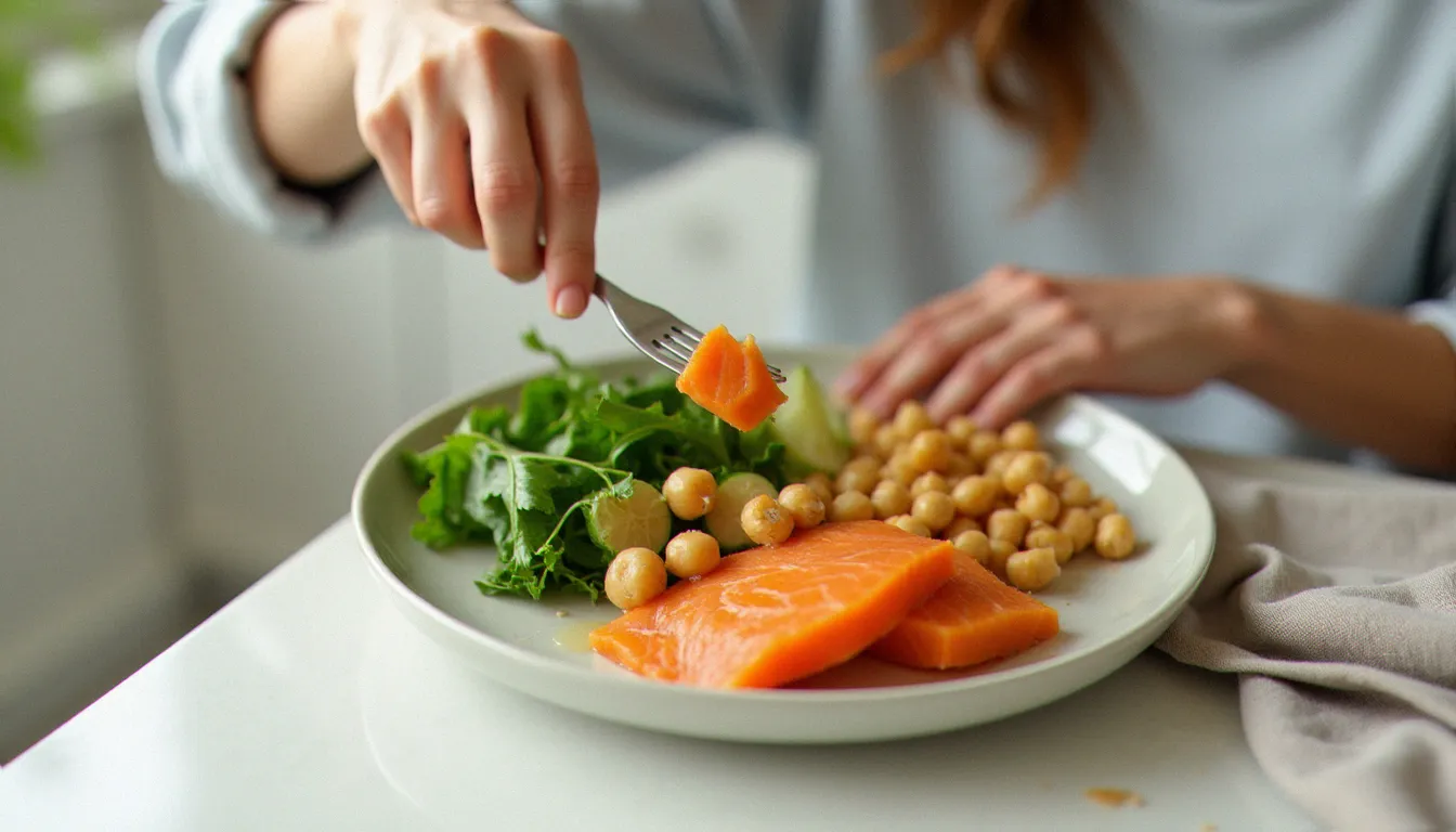 Préparation d'un repas équilibré riche en protéines, légumineuses et légumes verts pour soutenir l'équilibre hormonal en phase lutéale et gérer la faim avant les règles