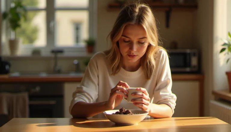 Femme assise à une table de cuisine regardant un bol de noix et chocolat noir, illustrant la faim avant les règles et les envies alimentaires prémenstruelles