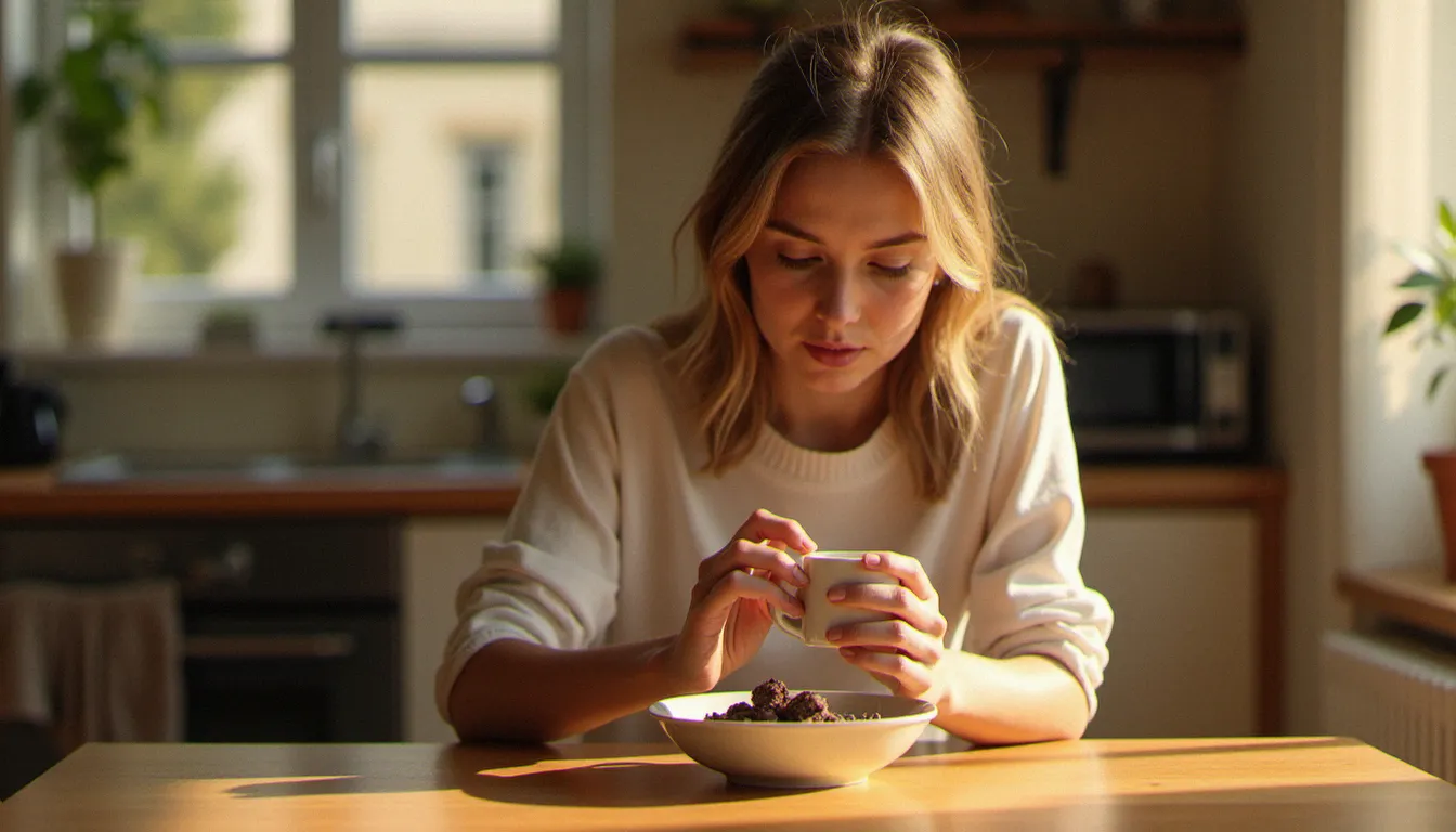 Femme assise à une table de cuisine regardant un bol de noix et chocolat noir, illustrant la faim avant les règles et les envies alimentaires prémenstruelles