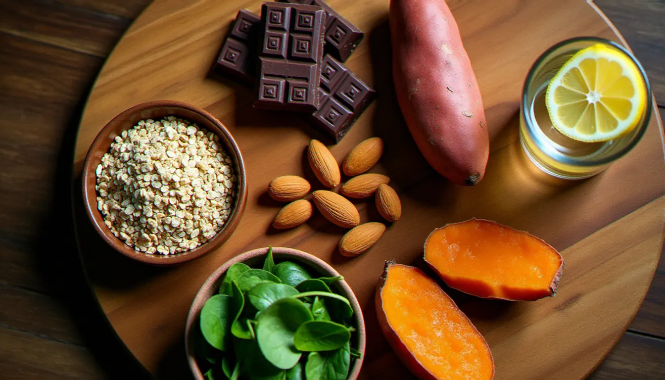 Vue du dessus d'une sélection d'aliments riches en magnésium et glucides complexes recommandés pour gérer la faim avant les règles