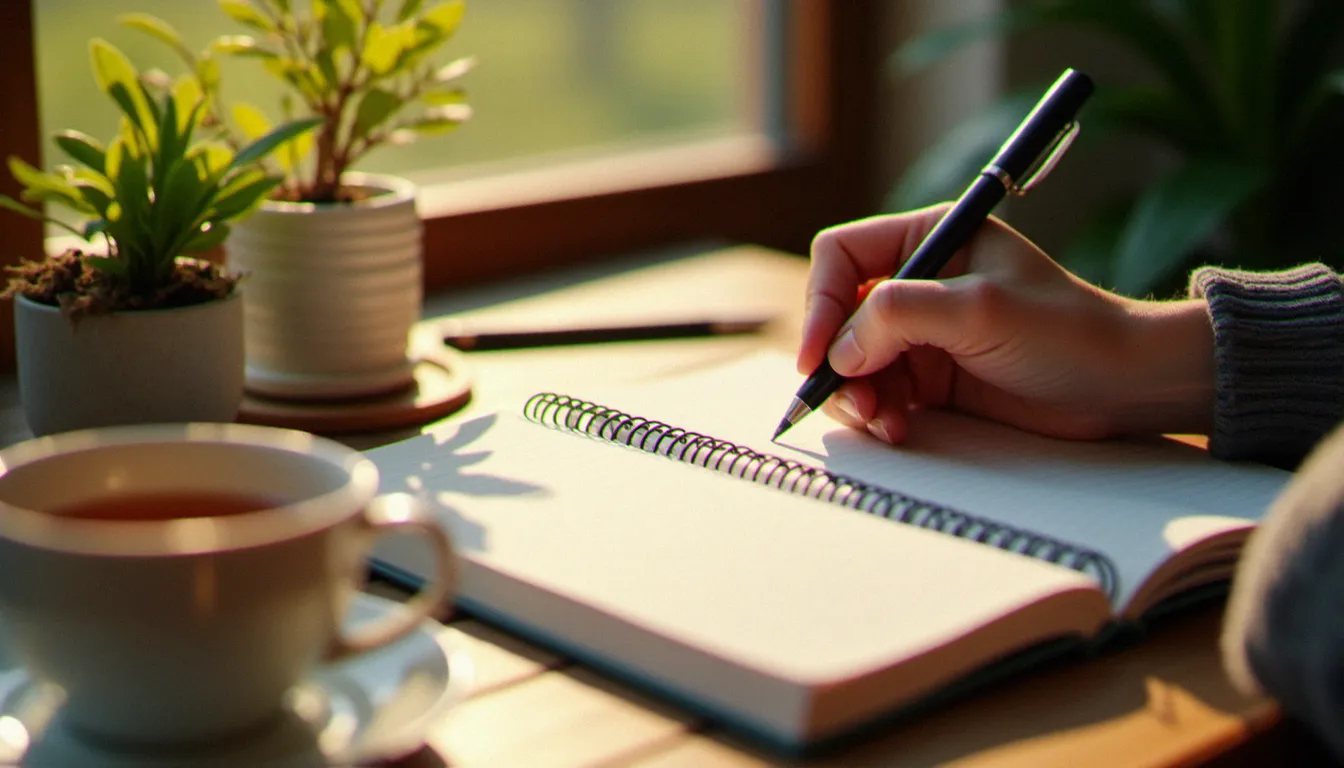 Main féminine tenant un journal de suivi de cycle menstruel posé sur un bureau en bois, avec une tasse de tisane, pour mieux comprendre les fluctuations hormonales