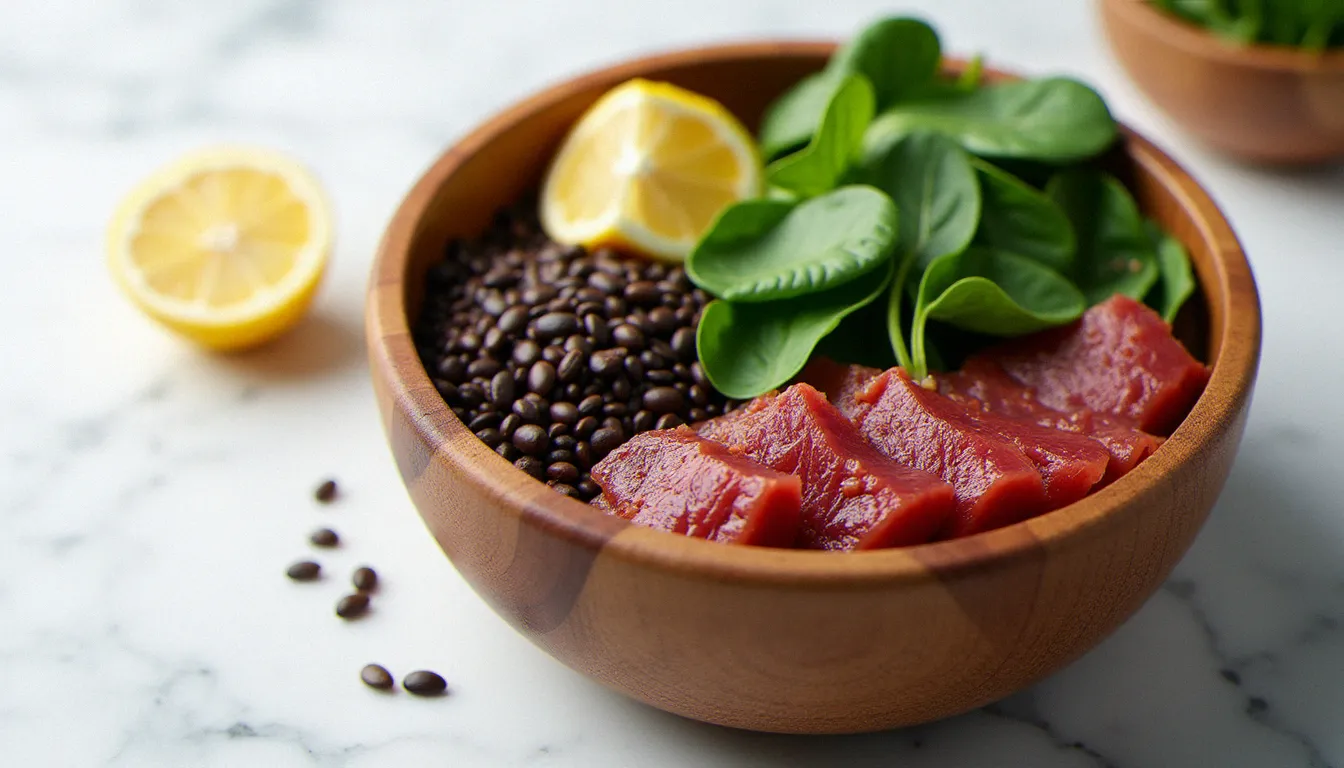Bol en bois contenant des aliments riches en fer comme les lentilles, graines de courge, épinards et viande rouge, recommandés contre la fatigue pendant les règles