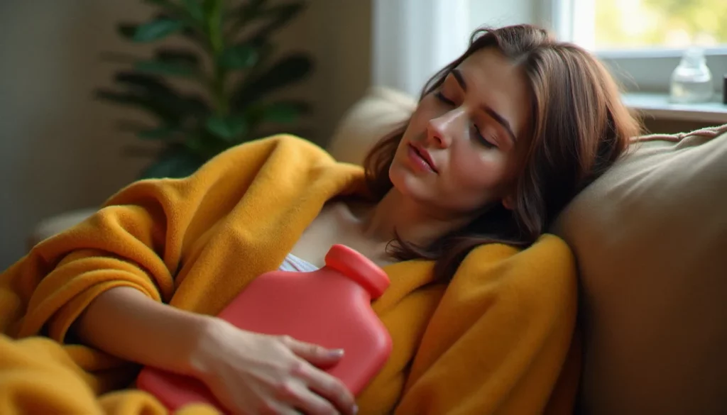 Femme allongée sur un canapé avec une bouillotte sur le ventre, exprimant une fatigue pendant les règles et cherchant à soulager son inconfort