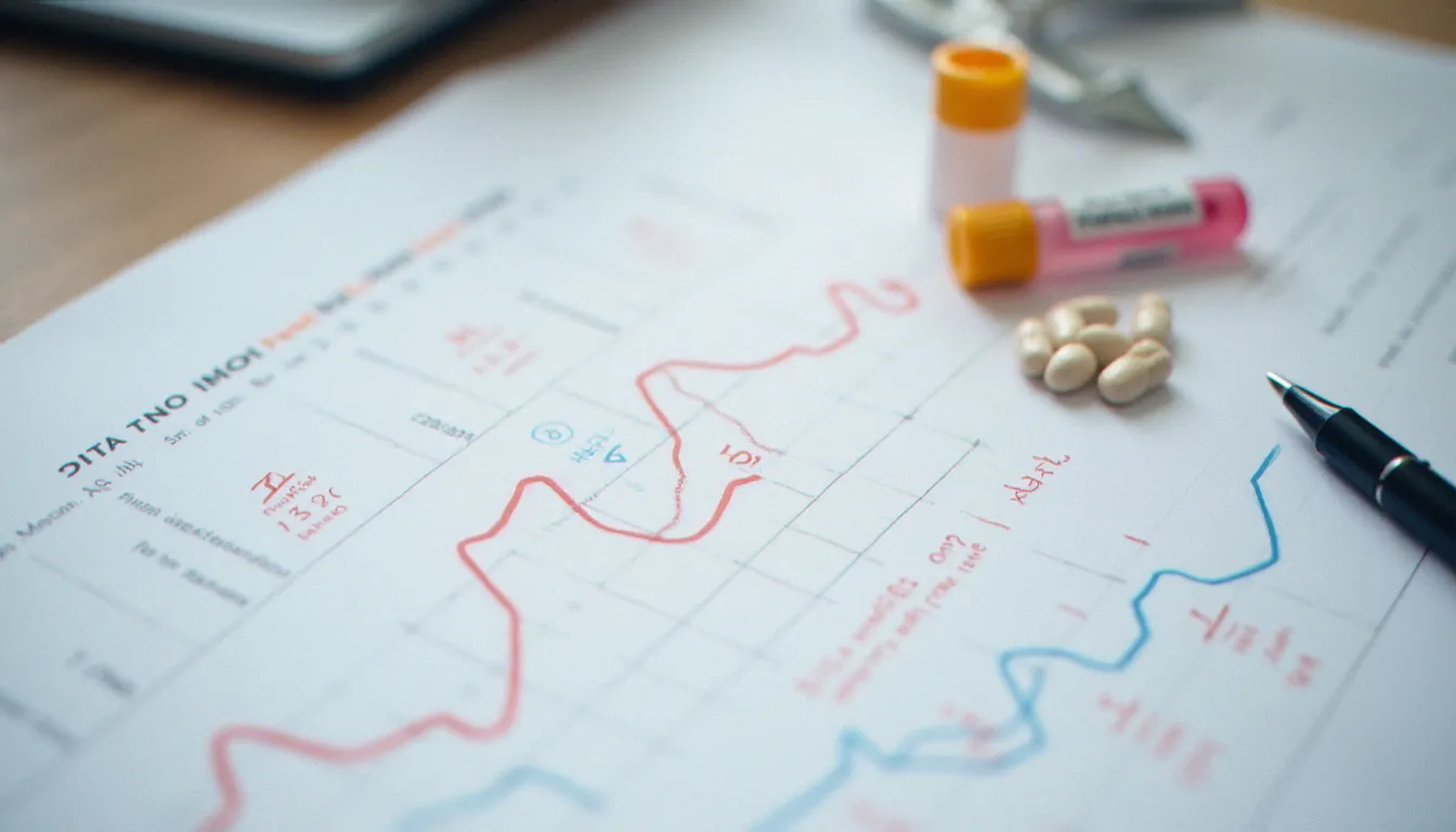 Représentation des variations hormonales du cycle menstruel avec bilan sanguin et suppléments de fer, illustrant les mécanismes de la fatigue des règles