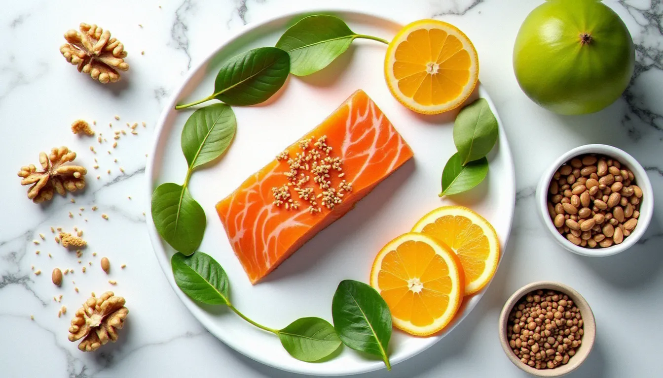 Aliments riches en fer, oméga-3 et magnésium pour réduire la fatigue pendant les règles : saumon, noix, légumineuses et agrumes