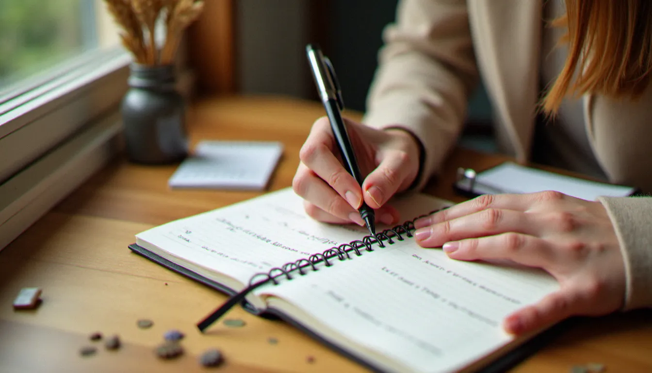 Mains féminines notant des données dans un journal de suivi du cycle menstruel, illustrant le suivi des fluctuations hormonales féminines