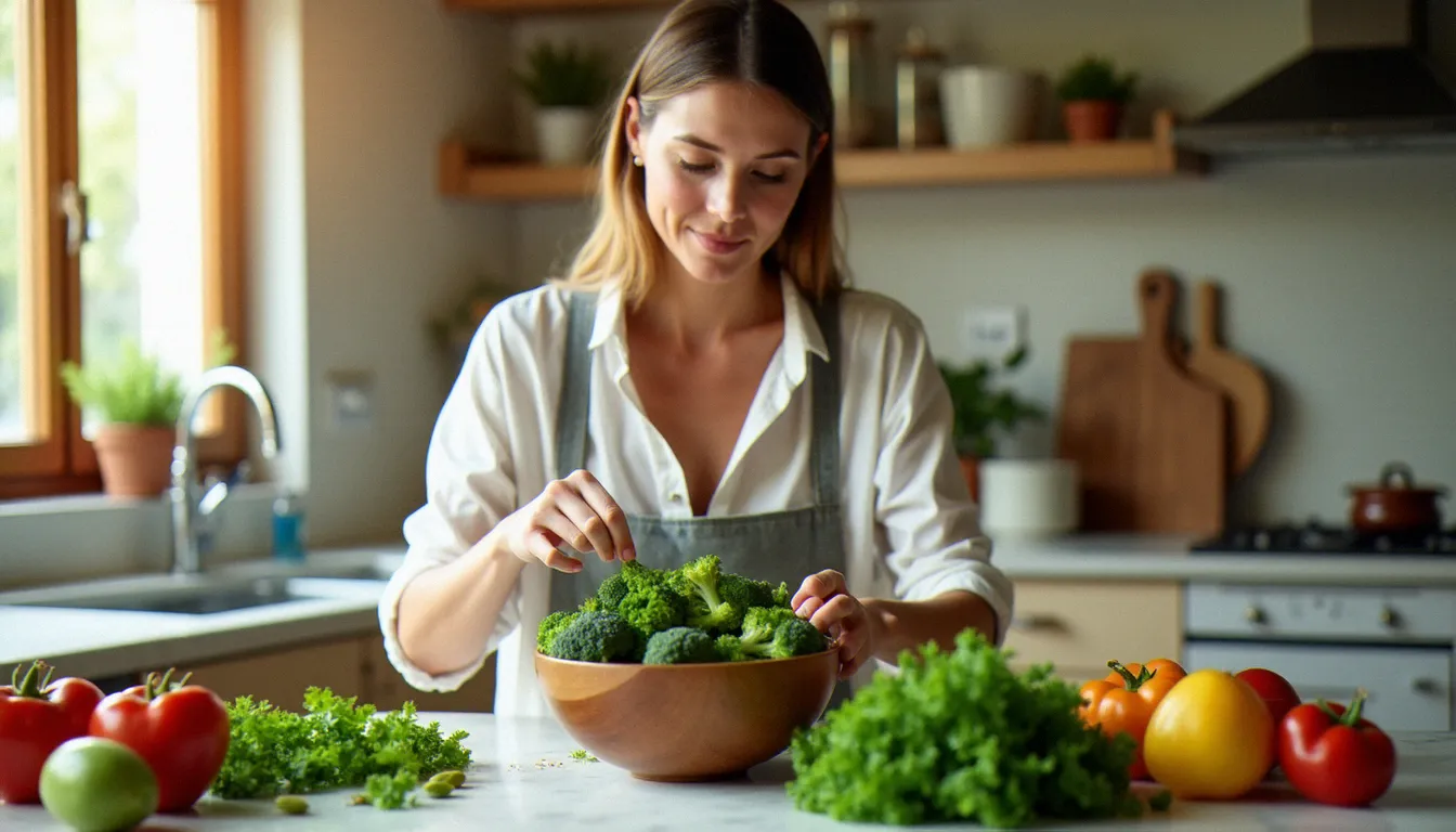 Femme choisissant des légumes frais anti-inflammatoires dans une cuisine lumineuse, illustrant l'impact de l'alimentation sur l'équilibre hormonal féminin