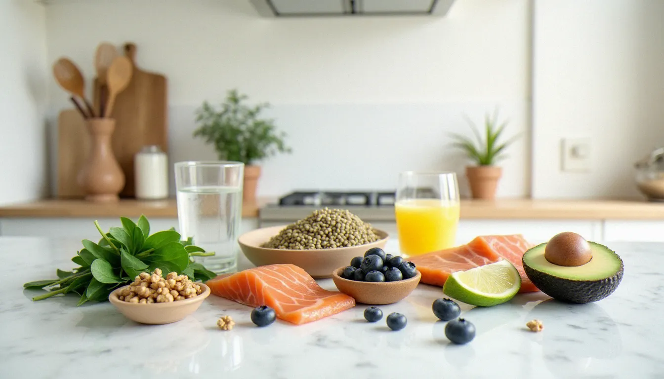 Sélection d'aliments bénéfiques pour l'équilibre hormonal féminin, dont graines de lin, saumon, épinards et baies, dans le cadre d'une alimentation anti-inflammatoire