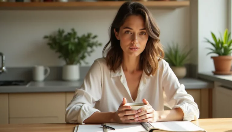 Femme sereine consultant son journal de cycle menstruel, illustrant que la santé féminine est chez soi dans l'écoute quotidienne de son corps