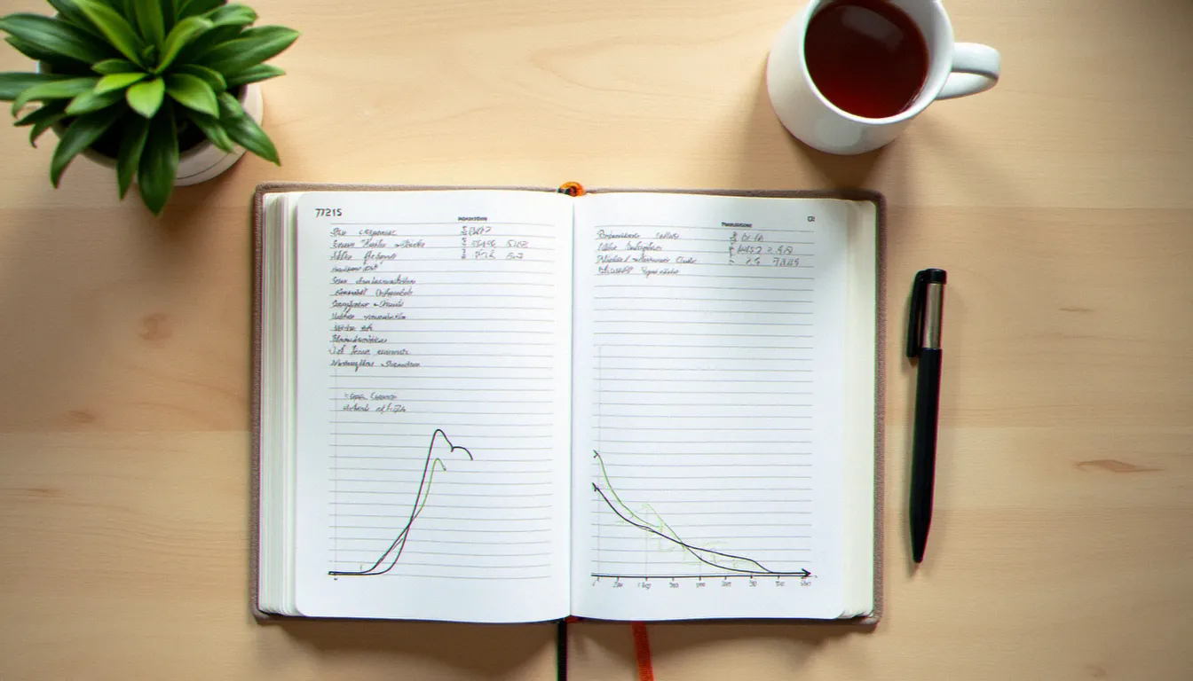 Journal de suivi du cycle menstruel ouvert sur un bureau en bois clair avec une tasse de tisane, illustrant l'observation active de la santé féminine