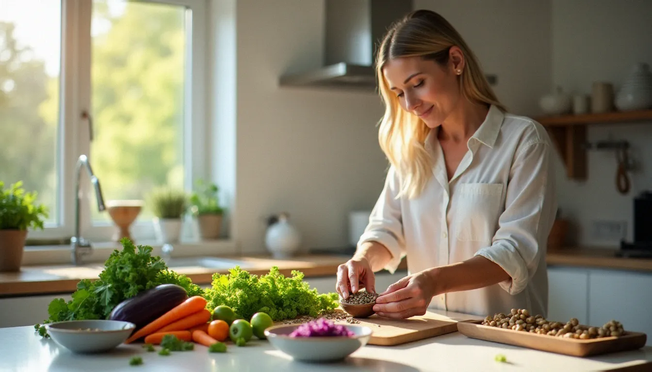 Femme préparant un repas équilibré riche en nutriments essentiels pour soutenir l'équilibre hormonal féminin au quotidien