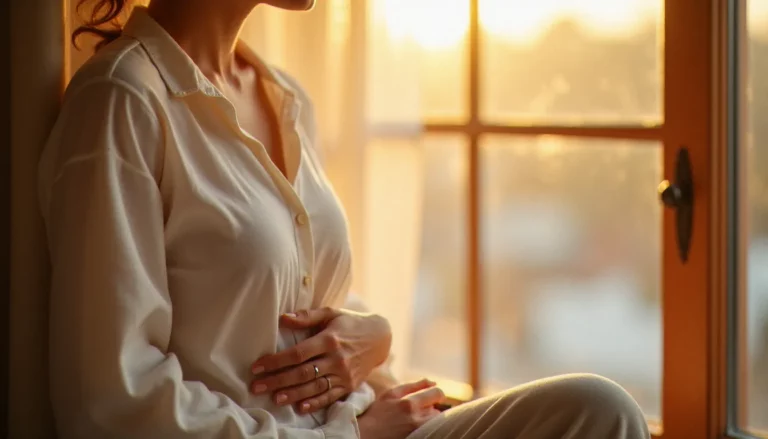 Femme sereine et en bonne santé illustrant la santé féminine chez la femme, assise près d'une fenêtre baignée de lumière naturelle dorée