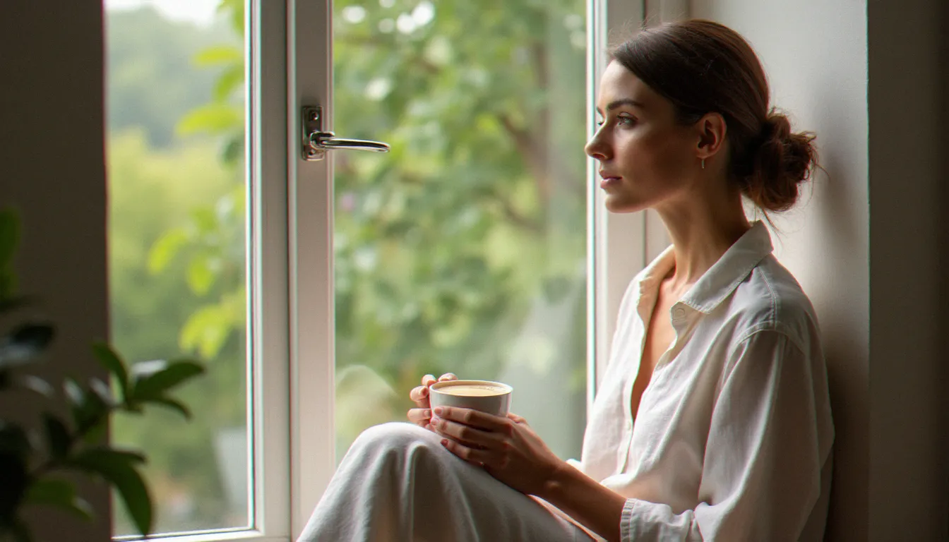 Femme féminine sereine assise près d'une fenêtre lumineuse tenant une tasse de tisane, illustrant l'équilibre hormonal féminin au quotidien
