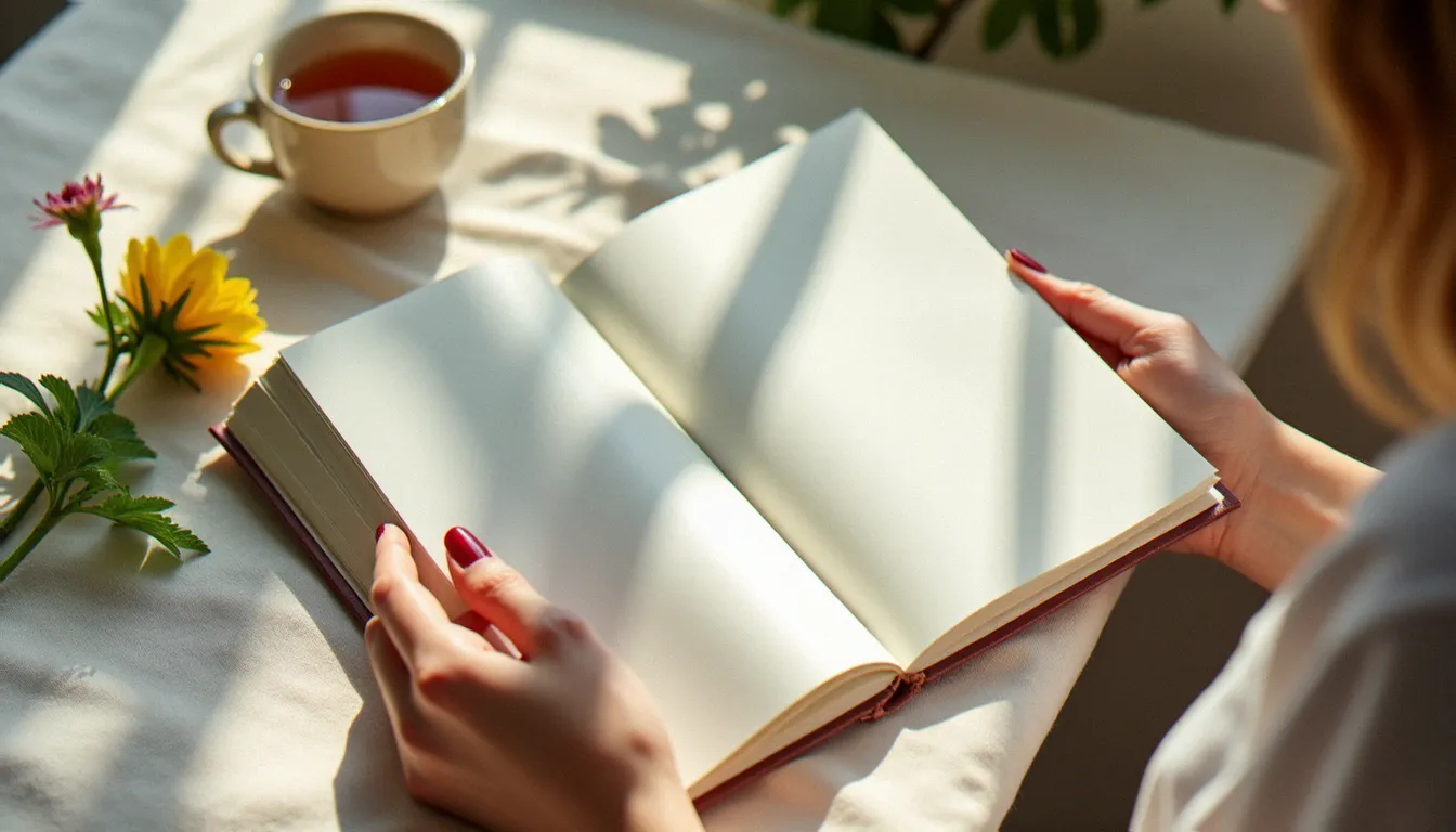 Carnet de suivi du cycle posé sur une table en bois avec une tisane et une fleur fraîche, symbolisant le suivi du cycle menstruel féminin en été