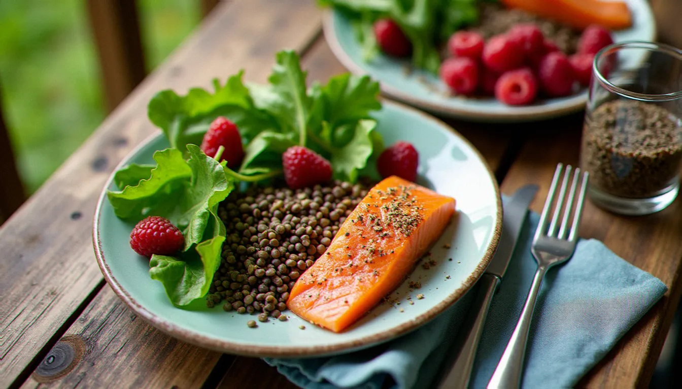 Assiettes estivales colorées riches en légumes verts, légumineuses et oméga-3 pour soutenir l'équilibre hormonal féminin en été