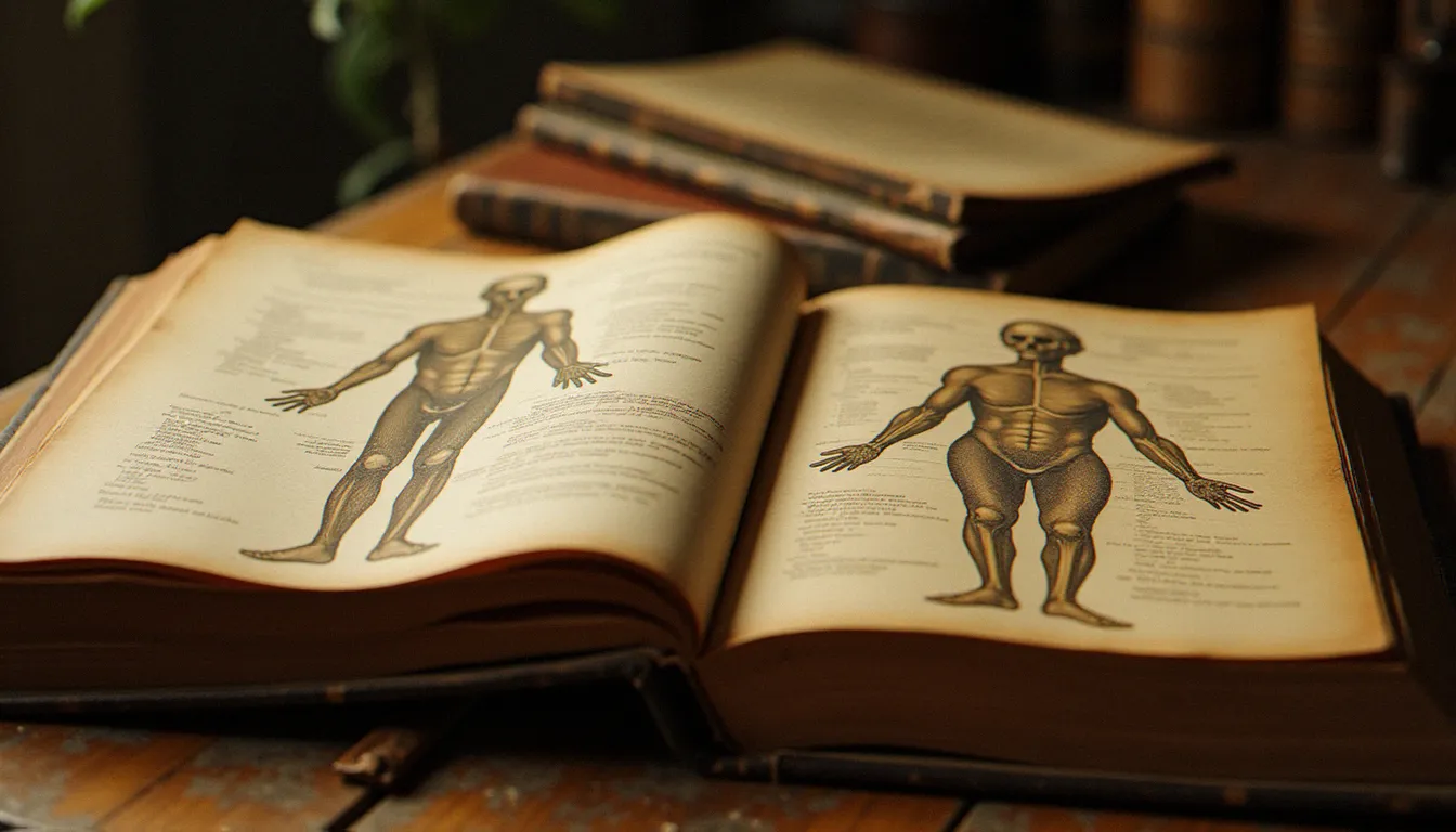 Livres et planches anatomiques médicaux anciens sur un bureau en bois, évoquant l'histoire de la médecine et la façon dont la santé féminine a été décrite et théorisée au fil des siècles