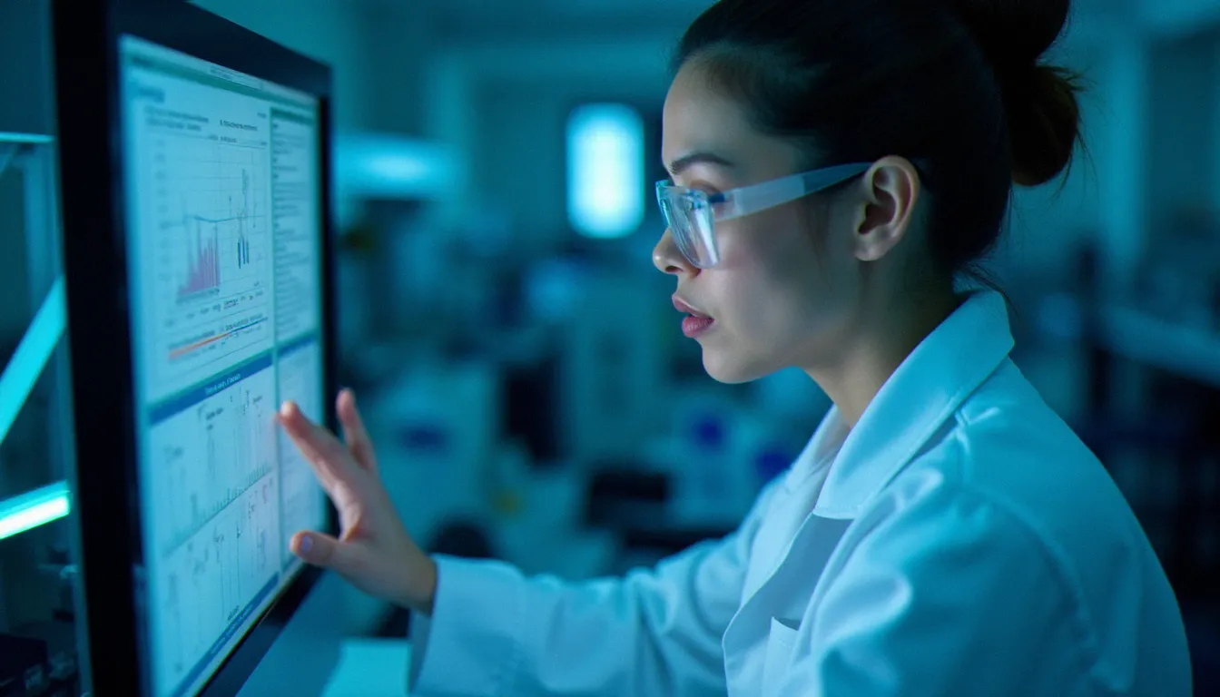Chercheuse en blouse blanche analysant des graphiques hormonaux sur écran en laboratoire moderne, illustrant les avancées scientifiques qui reconnaissent enfin la réalité de la douleur féminine