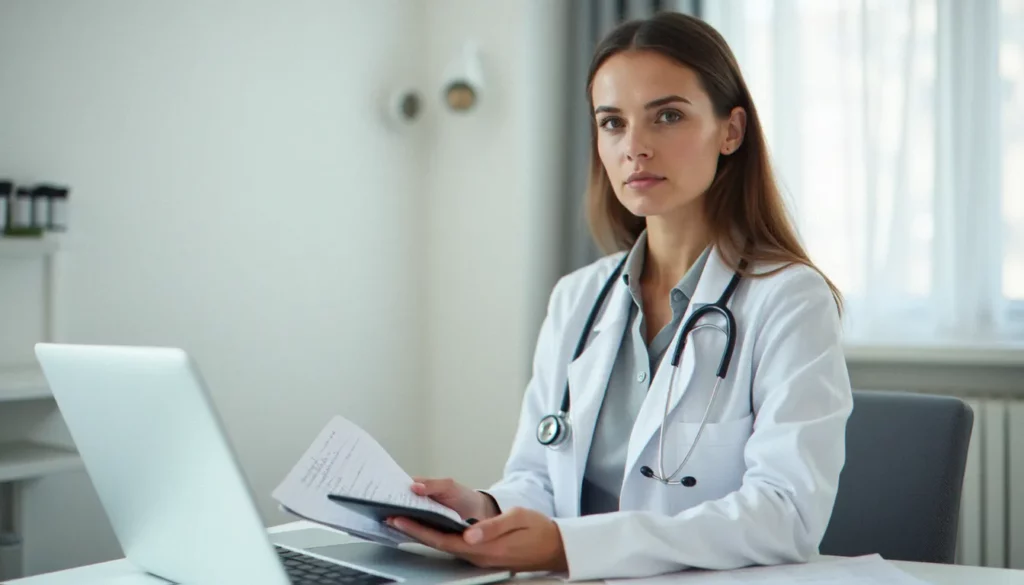 Femme déterminée en consultation médicale, tenant un carnet de symptômes — illustration de la santé féminine enfin décrite et entendue par le corps médical