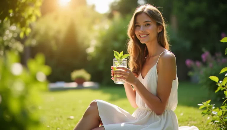 Femme épanouie en tenue légère dans un jardin ensoleillé en été, illustrant la santé féminine été et le bien-être hormonal sous la chaleur