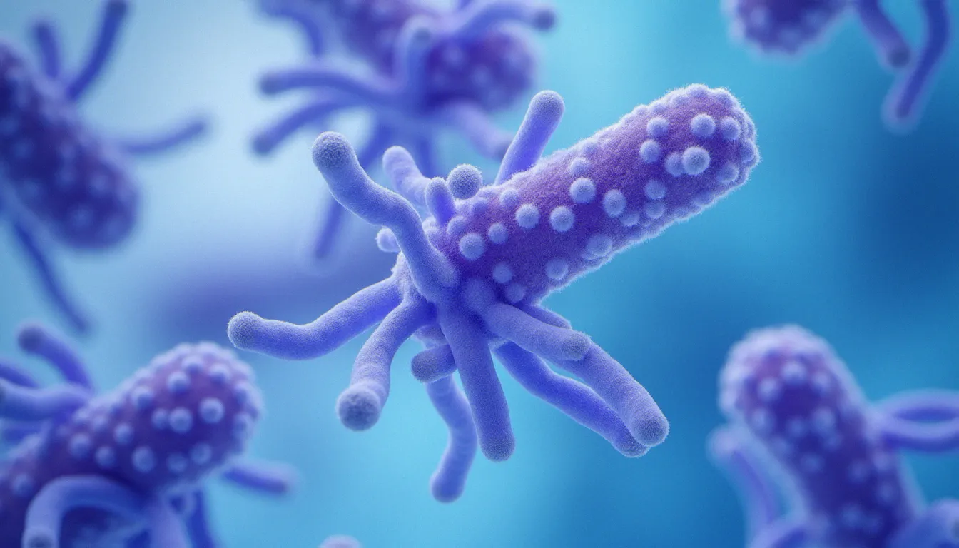 Vue au microscope de colonies de Lactobacillus, bactéries essentielles du microbiome vaginal et du feminine health bioma, coloration scientifique bleue et violette