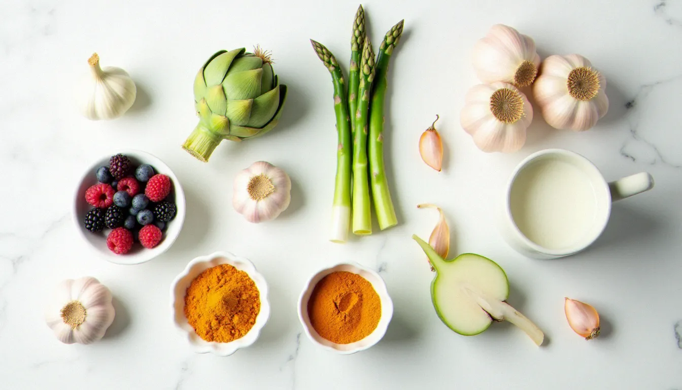 Aliments prébiotiques et fermentés disposés sur marbre blanc pour soutenir naturellement le feminine health bioma au quotidien