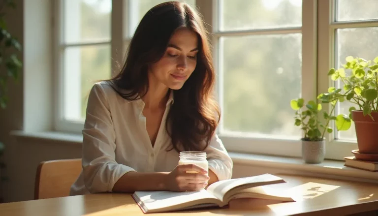 Femme consultant un ouvrage scientifique sur le feminine health bioma avec un verre de kéfir sur son bureau, lumière naturelle matinale