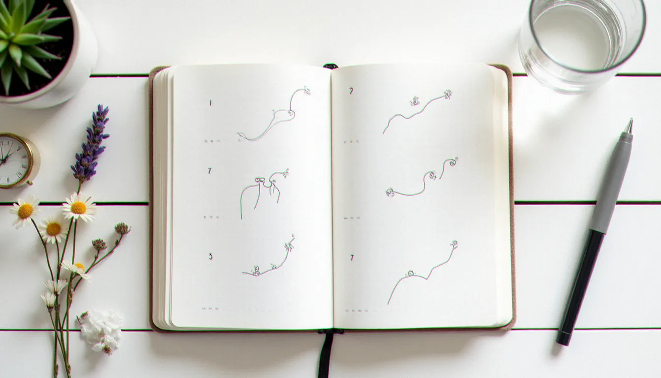 Journal de suivi du cycle menstruel ouvert avec calendrier hormonal dessiné à la main et fleurs séchées, outil clé des feminine health tips