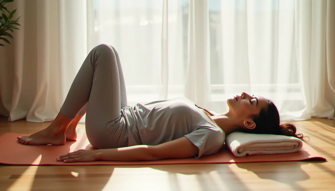 Femme pratiquant du yoga doux et restaurateur chez elle pour soutenir son équilibre hormonal et réduire le cortisol chronique