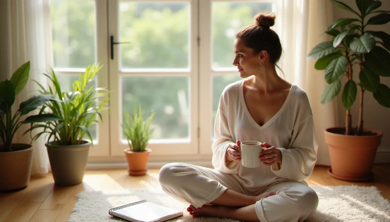 Femme pratiquant des feminine health tips le matin — suivi du cycle, tisane et moment de pleine conscience dans un intérieur lumineux